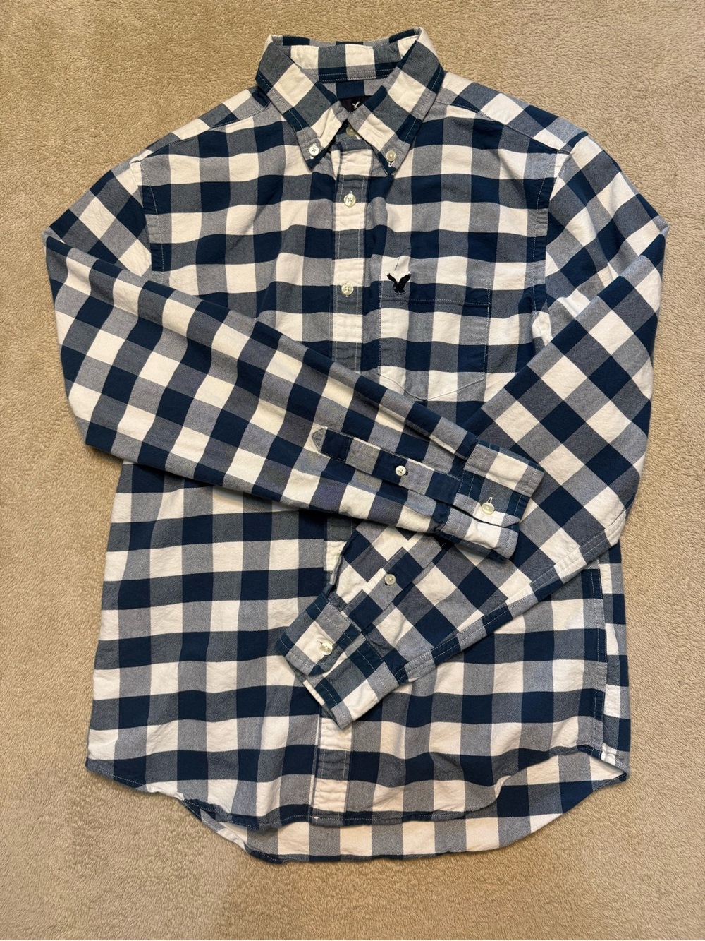 American Eagle Men’s Small Navy Blue Gingham Button-Down Shirt Classic Fit Prepp